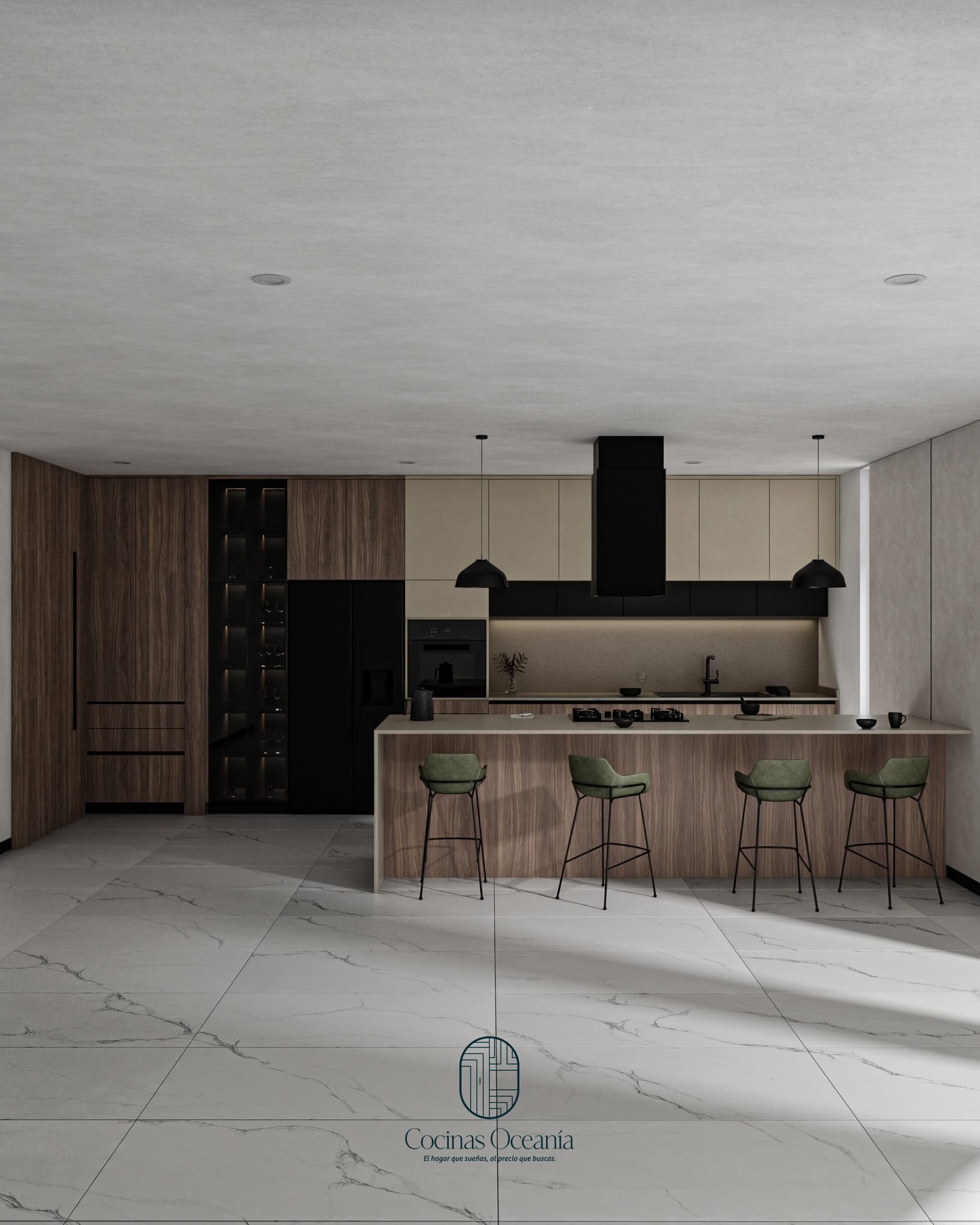 Cocina integral moderna con isla y acabados premium